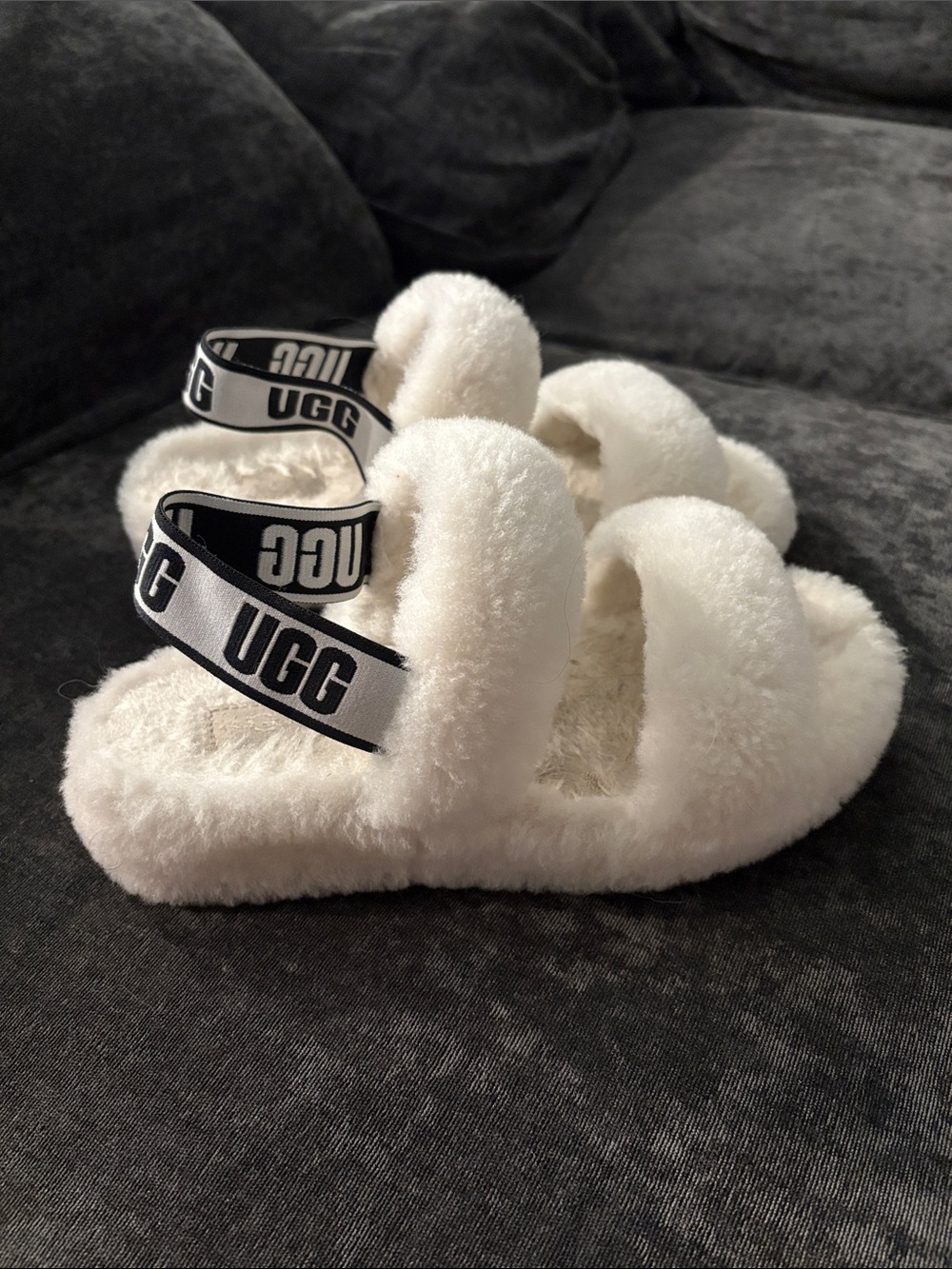 UGG white Plush Double-Strap Slide Sandals with Logo Heel